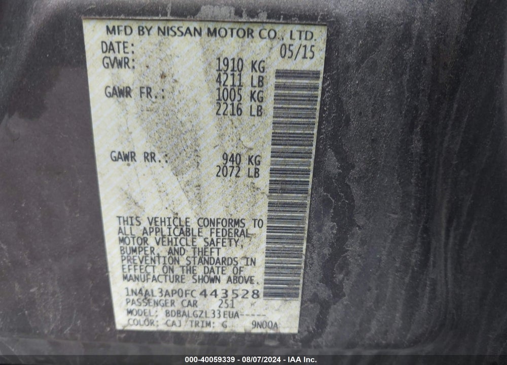 2015 NISSAN ALTIMA 2.5/S/SV/SL VIN: 1N4AL3AP0FC443528