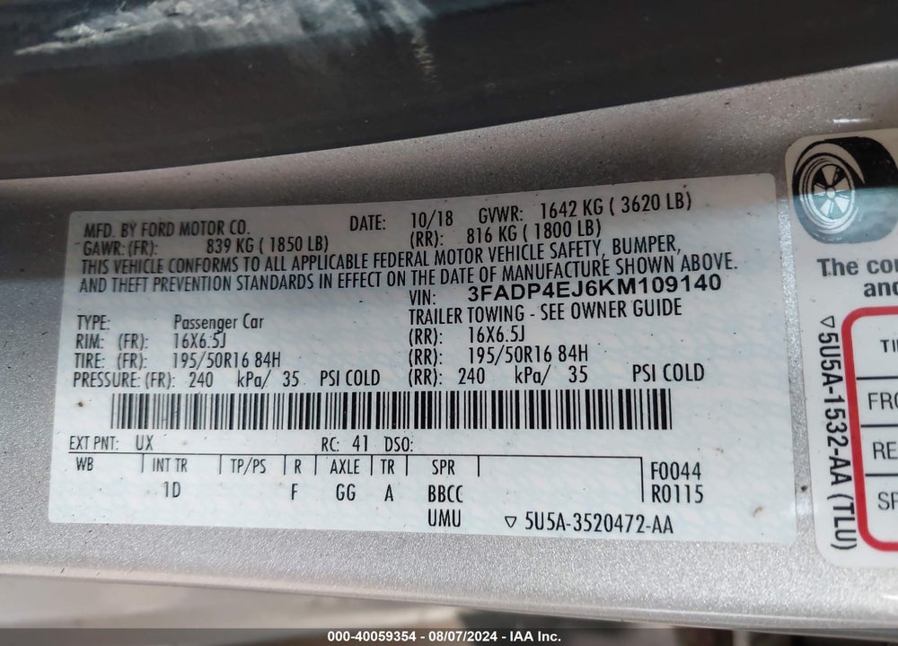 2019 FORD FIESTA SE VIN: 3FADP4EJ6KM109140