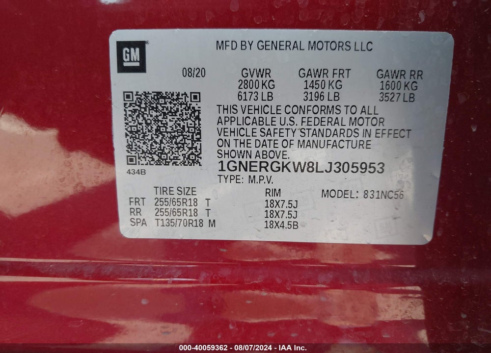 2020 CHEVROLET TRAVERSE FWD LT CLOTH VIN: 1GNERGKW8LJ305953