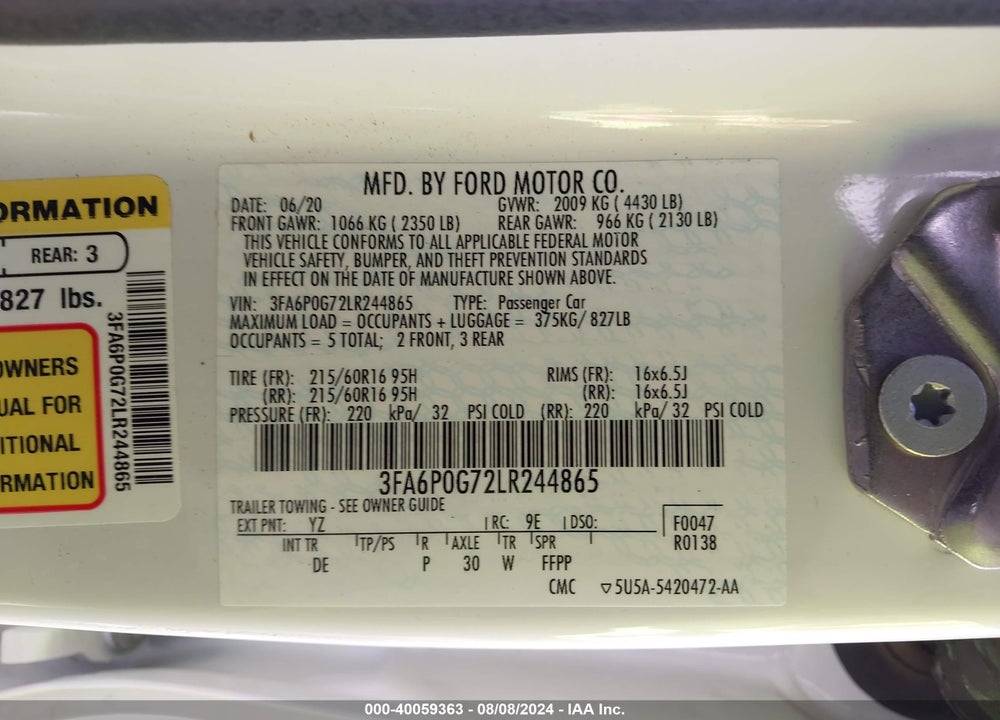 2020 FORD FUSION S VIN: 3FA6P0G72LR244865