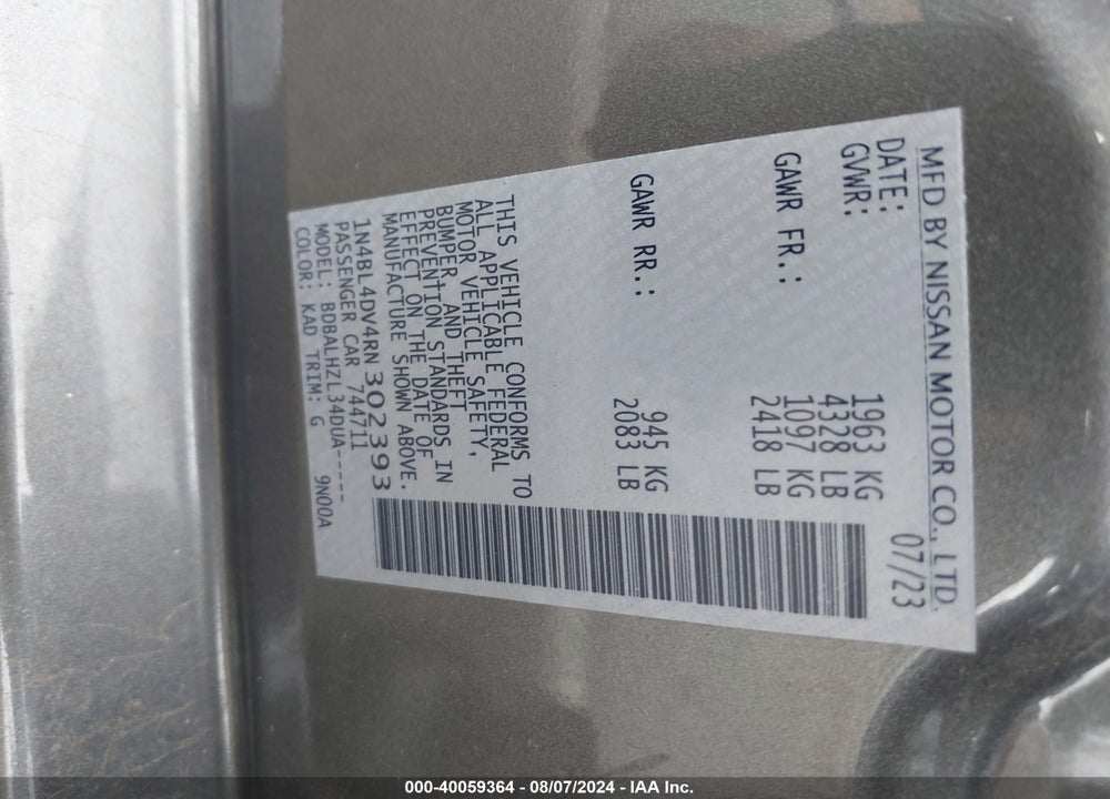 2024 NISSAN ALTIMA SV FWD VIN: 1N4BL4DV4RN302393