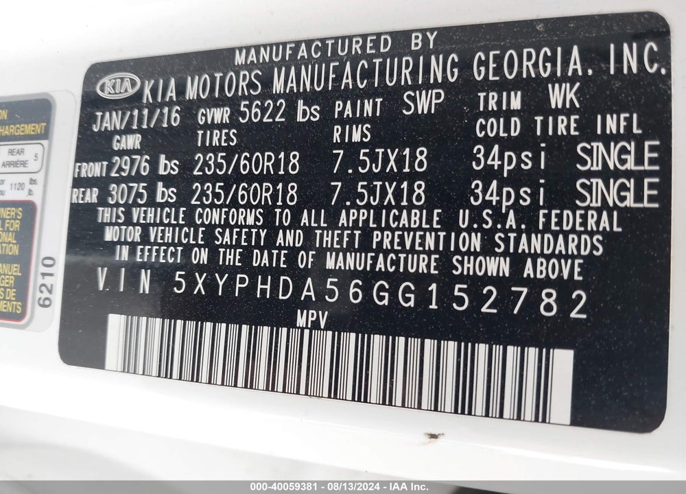 2016 KIA SORENTO 3.3L EX VIN: 5XYPHDA56GG152782