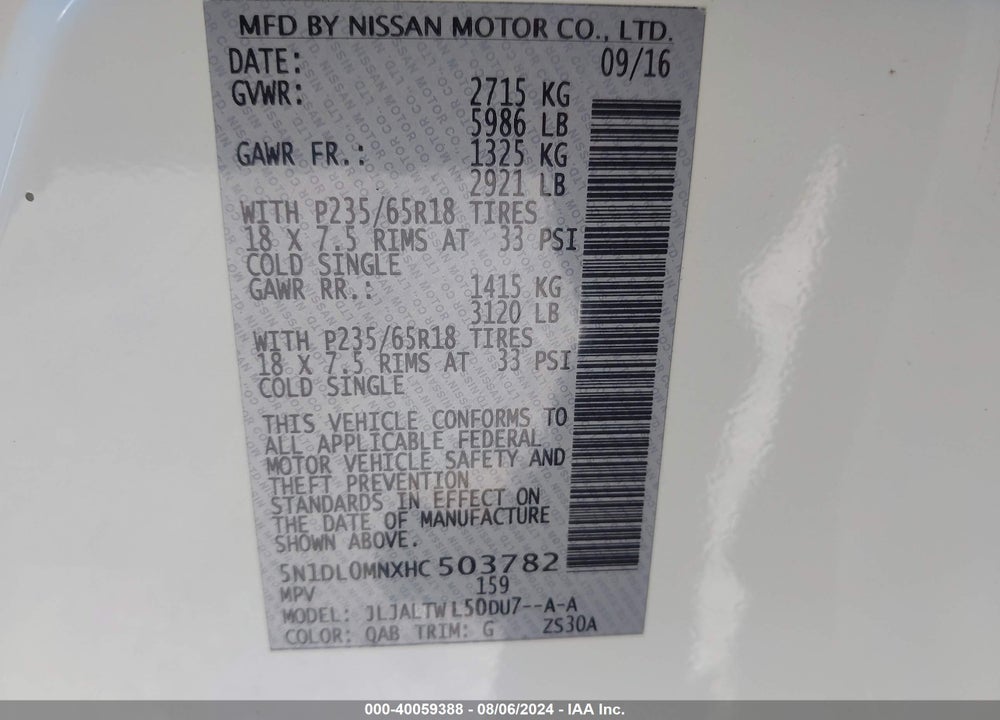2017 INFINITI QX60 VIN: 5N1DL0MNXHC503782