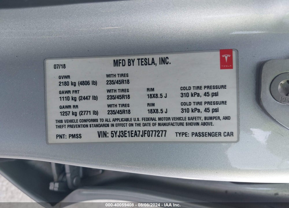 2018 TESLA MODEL 3 LONG RANGE/MID RANGE VIN: 5YJ3E1EA7JF077277