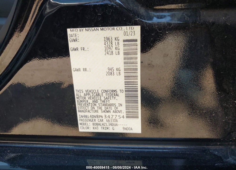2023 NISSAN ALTIMA SV FWD VIN: 1N4BL4DV8PN347754