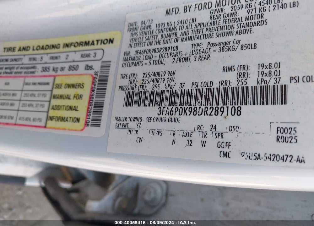 2013 FORD FUSION TITANIUM VIN: 3FA6P0K98DR289108