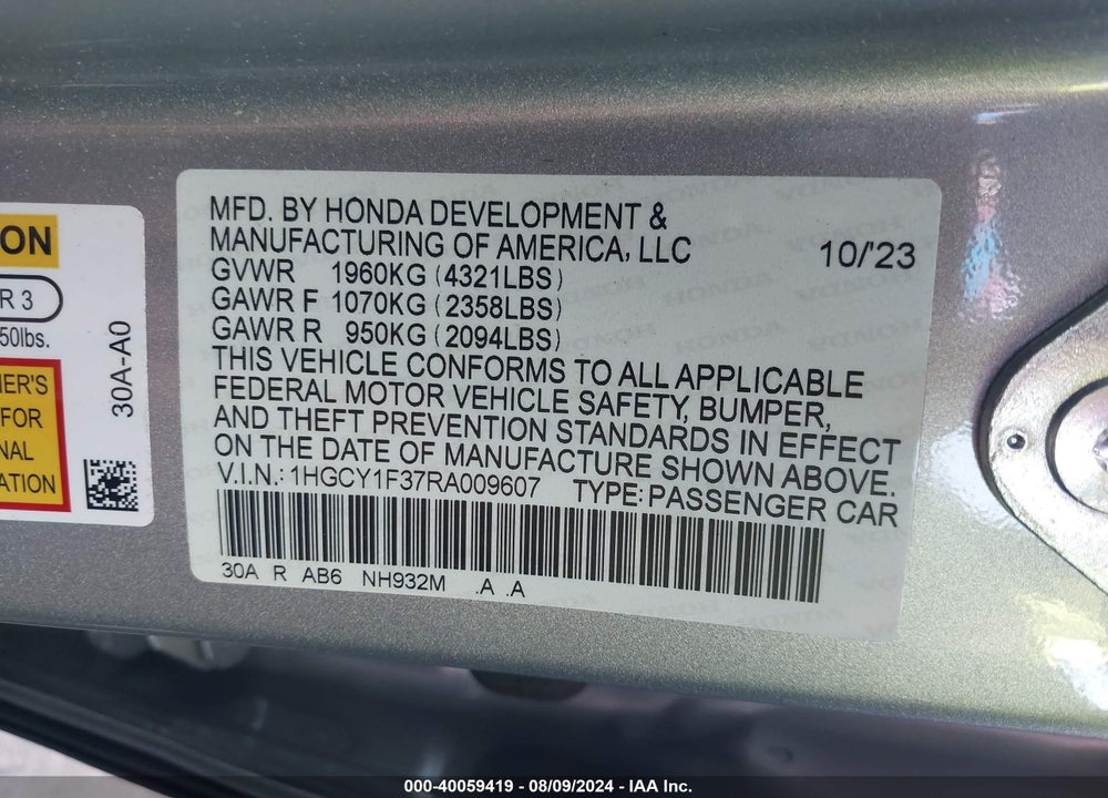2024 HONDA ACCORD EX VIN: 1HGCY1F37RA009607