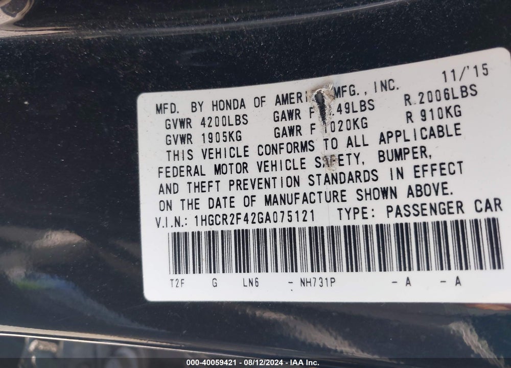 2016 HONDA ACCORD LX VIN: 1HGCR2F42GA075121