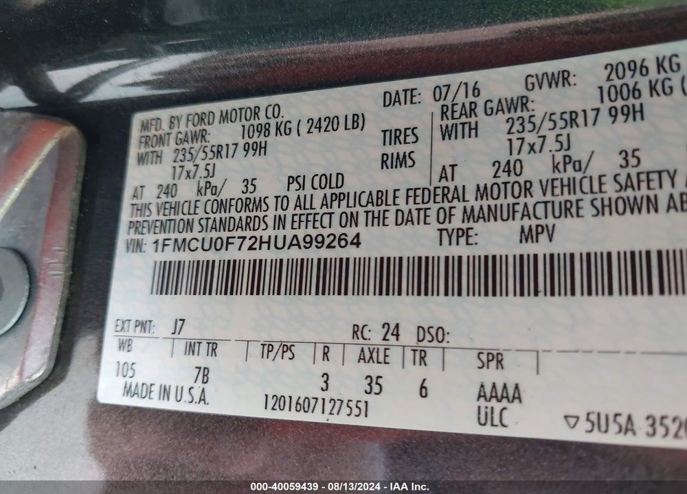 2017 FORD ESCAPE S VIN: 1FMCU0F72HUA99264