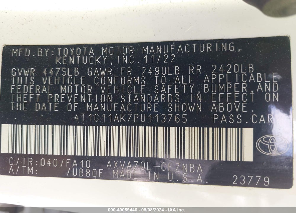 2023 TOYOTA CAMRY LE VIN: 4T1C11AK7PU113765