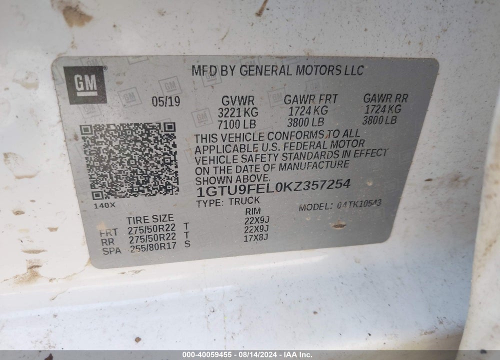 2019 GMC SIERRA 1500 DENALI VIN: 1GTU9FEL0KZ357254