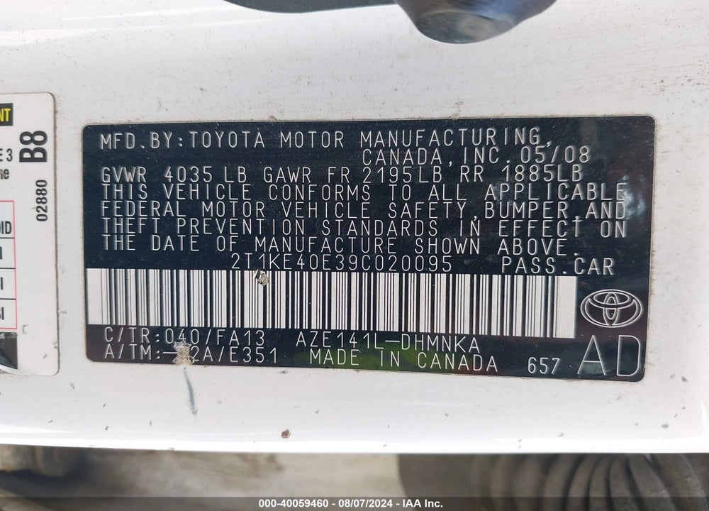 2009 TOYOTA MATRIX S VIN: 2T1KE40E39C020095