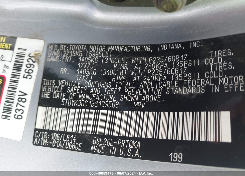 2011 TOYOTA SIENNA XLE V6 VIN: 5TDYK3DC1BS139508