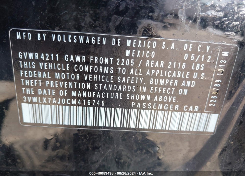 2012 VOLKSWAGEN JETTA 2.5L SEL VIN: 3VWLX7AJ0CM416749