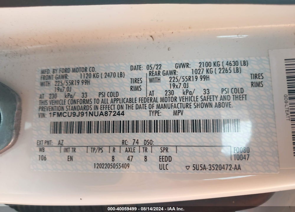 2022 FORD ESCAPE TITANIUM VIN: 1FMCU9J91NUA87244