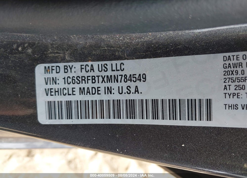 2021 RAM 1500 BIG HORN QUAD CAB 4X4 6'4 BOX VIN: 1C6SRFBTXMN784549