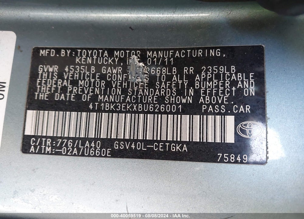 2011 TOYOTA CAMRY XLE V6 VIN: 4T1BK3EKXBU626001