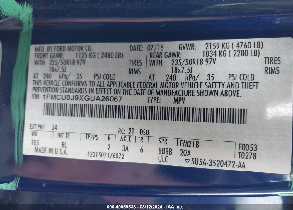 2016 FORD ESCAPE VIN: 1FMCU0J9XGUA26067