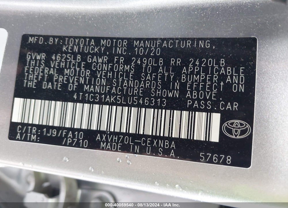 2020 TOYOTA CAMRY LE HYBRID VIN: 4T1C31AK5LU546313