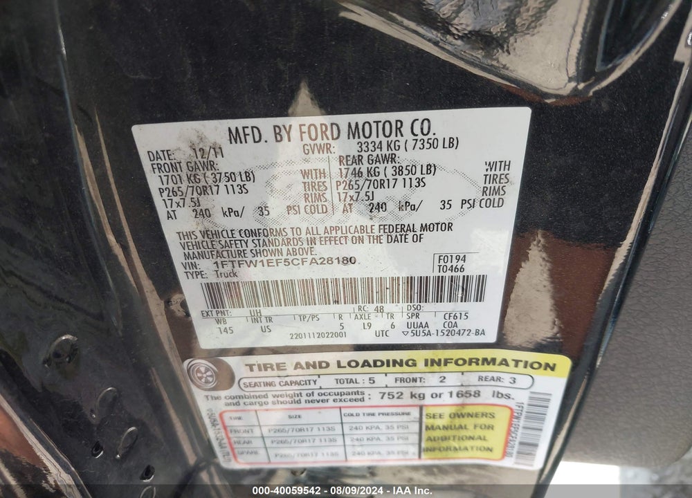 2012 FORD F-150 XLT VIN: 1FTFW1EF5CFA28180