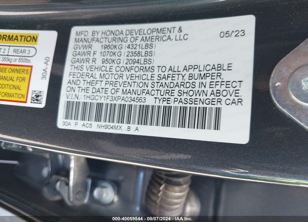 2023 HONDA ACCORD EX VIN: 1HGCY1F3XPA034563