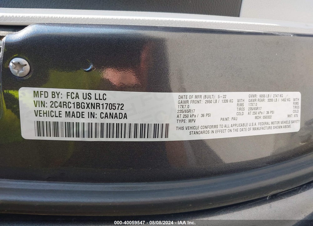 2022 CHRYSLER PACIFICA TOURING L VIN: 2C4RC1BGXNR170572