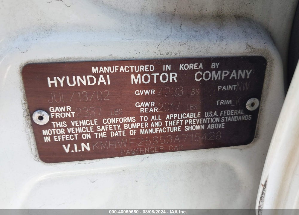 2003 HYUNDAI SONATA VIN: KMHWF25S53A715428