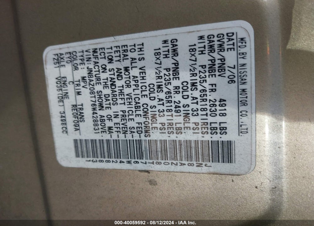 2006 NISSAN MURANO VIN: JN8AZ08T76W428831