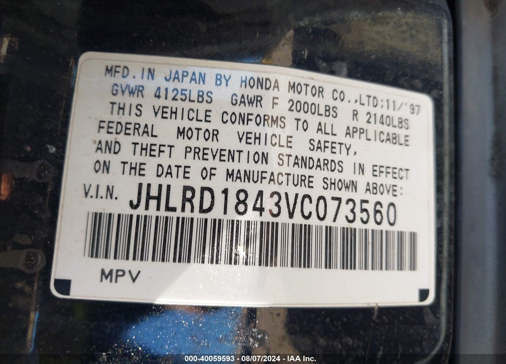 1997 HONDA CR-V VIN: JHLRD1843VC073560