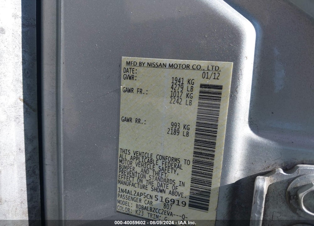 2012 NISSAN ALTIMA 2.5 S VIN: 1N4AL2AP5CN516919