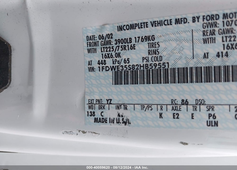 2002 FORD E-350 CUTAWAY VIN: 1FDWE35S82HB59551