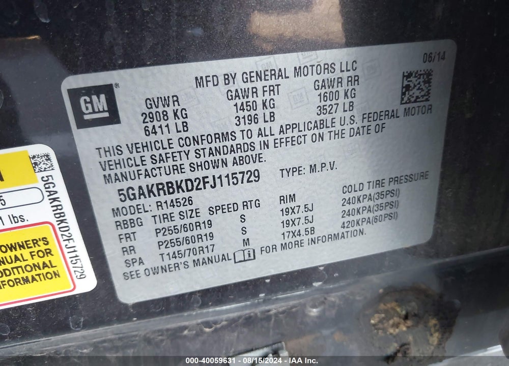 2015 BUICK ENCLAVE LEATHER VIN: 5GAKRBKD2FJ115729