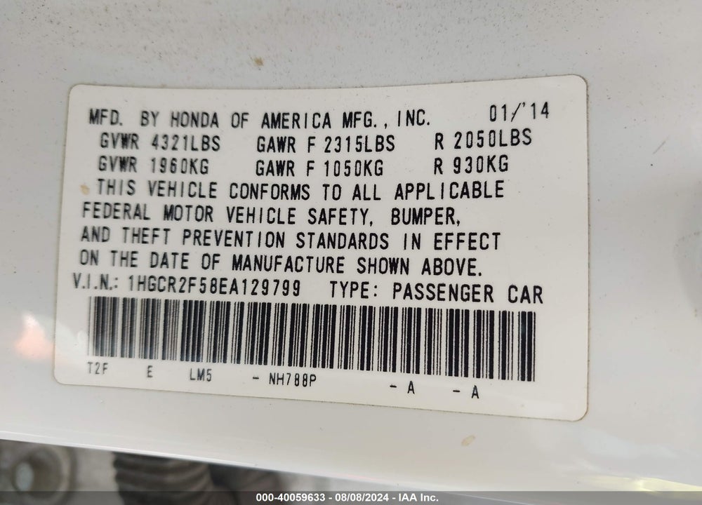 2014 HONDA ACCORD SPORT VIN: 1HGCR2F58EA129799