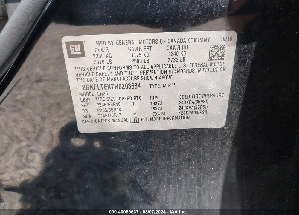 2017 GMC TERRAIN SLE-2 VIN: 2GKFLTEK7H6203634