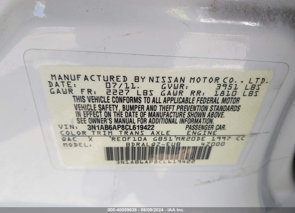 2012 NISSAN SENTRA 2.0 VIN: 3N1AB6AP8CL619422