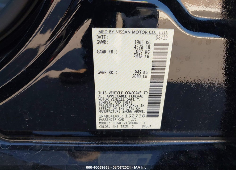 2020 NISSAN ALTIMA SL VIN: 1N4BL4EVXLC152730