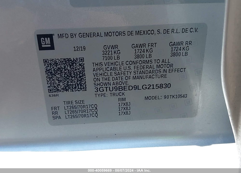 2020 GMC SIERRA 1500 VIN: 3GTU9BED9LG215830
