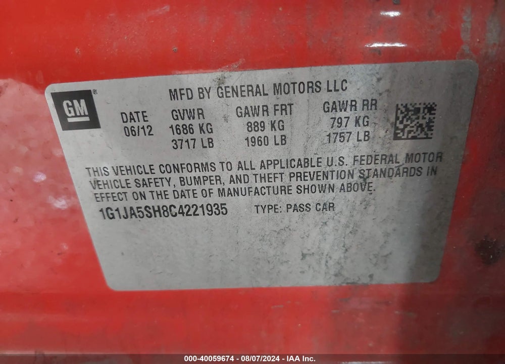 2012 CHEVROLET SONIC 2LS VIN: 1G1JA5SH8C4221935