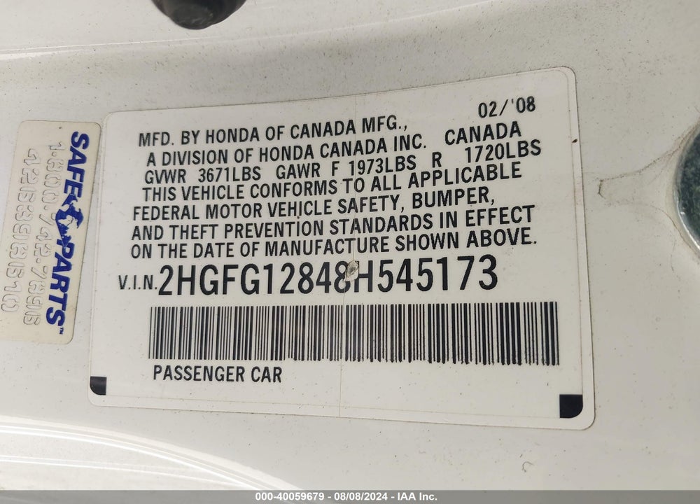 2008 HONDA CIVIC EX VIN: 2HGFG12848H545173