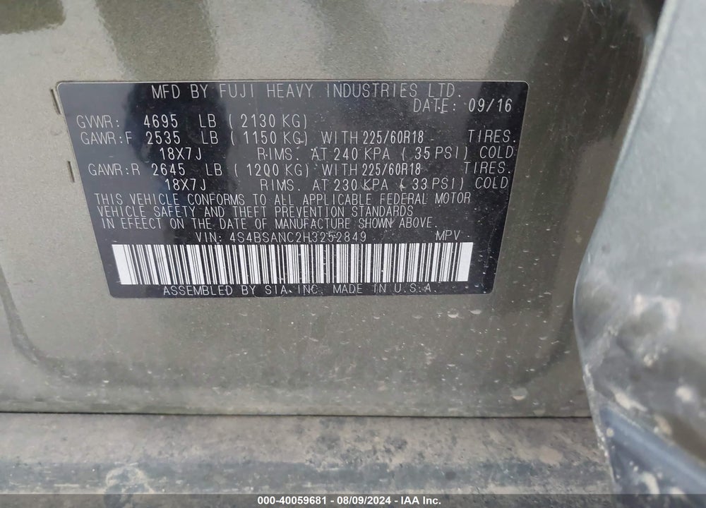 2017 SUBARU OUTBACK 2.5I LIMITED VIN: 4S4BSANC2H3252849