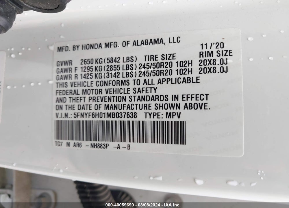 2021 HONDA PILOT AWD ELITE VIN: 5FNYF6H01MB037638