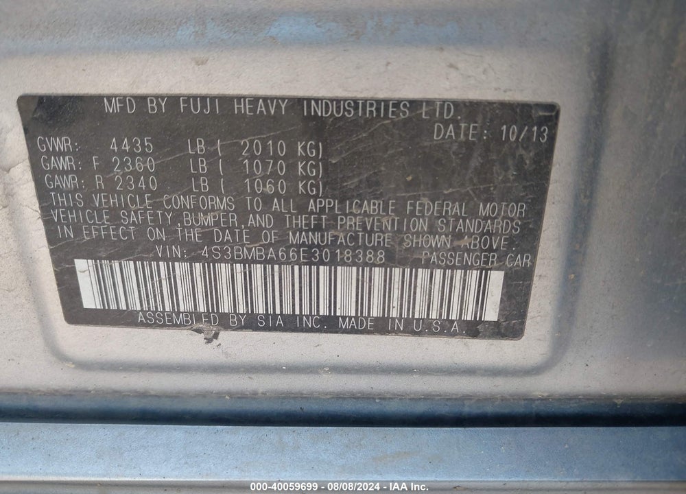 2014 SUBARU LEGACY 2.5I VIN: 4S3BMBA66E3018388