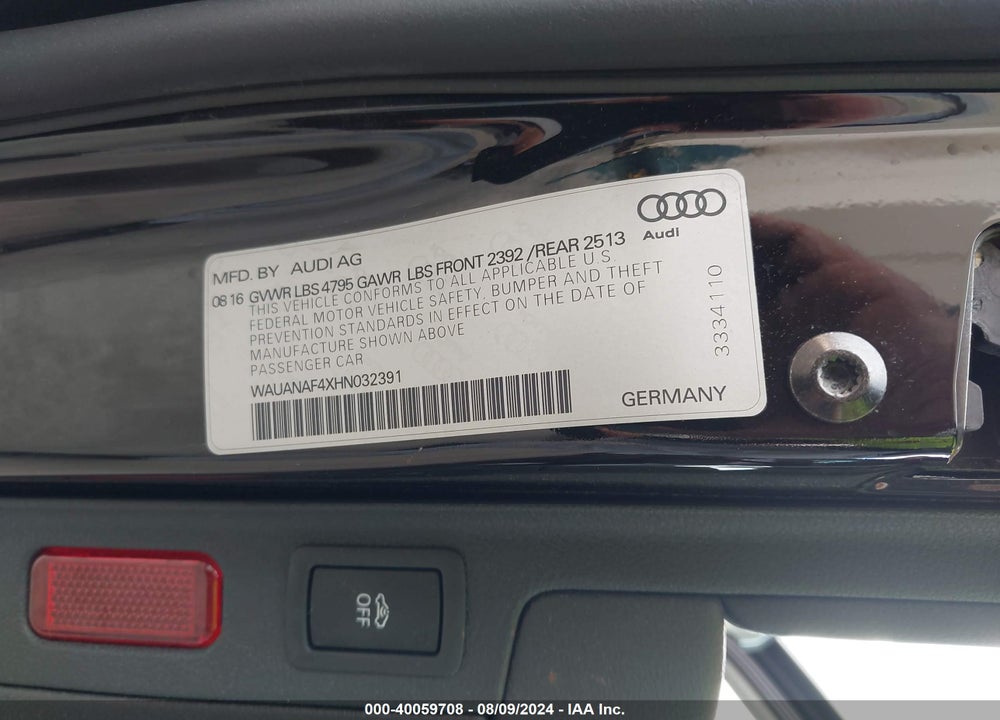 2017 AUDI A4 2.0T PREMIUM VIN: WAUANAF4XHN032391