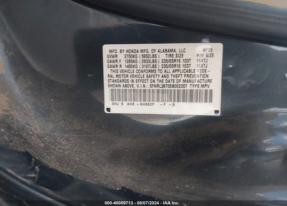 2006 HONDA ODYSSEY EX-L VIN: 5FNRL38706B002357