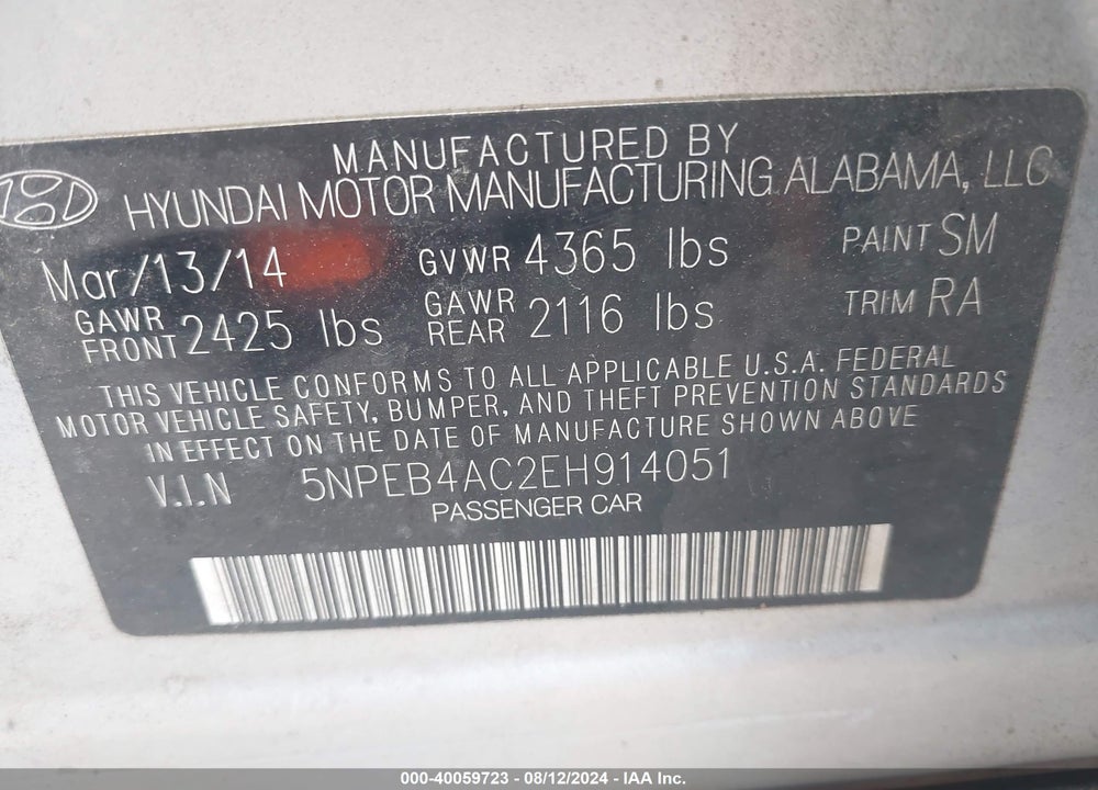 2014 HYUNDAI SONATA VIN: 5NPEB4AC2EH914051