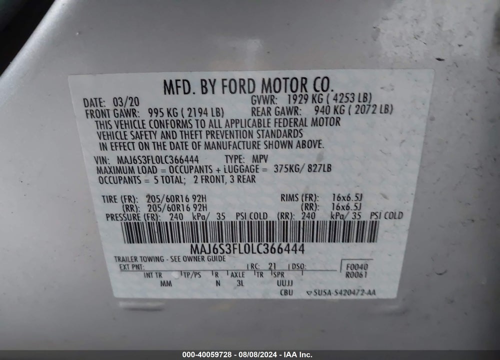 2020 FORD ECOSPORT S VIN: MAJ6S3FL0LC366444