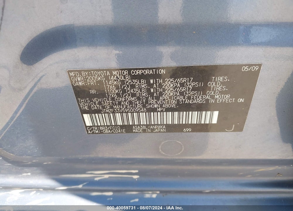 2009 TOYOTA RAV4 VIN: JTMZF33V595009548