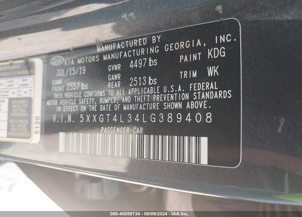 2020 KIA OPTIMA LX VIN: 5XXGT4L34LG389408