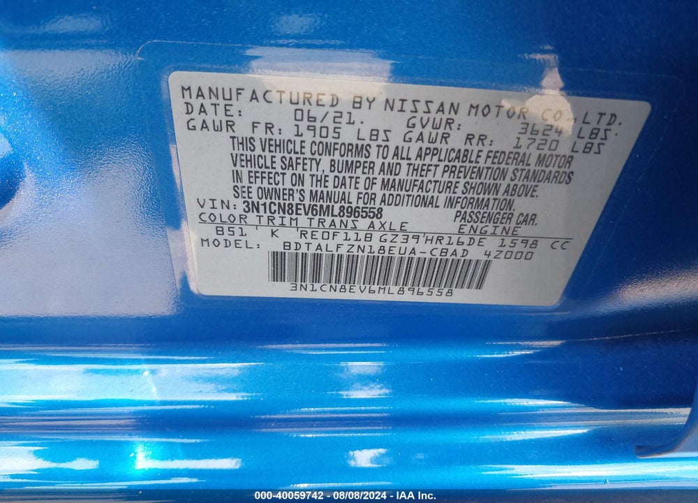 2021 NISSAN VERSA SV XTRONIC CVT VIN: 3N1CN8EV6ML896558