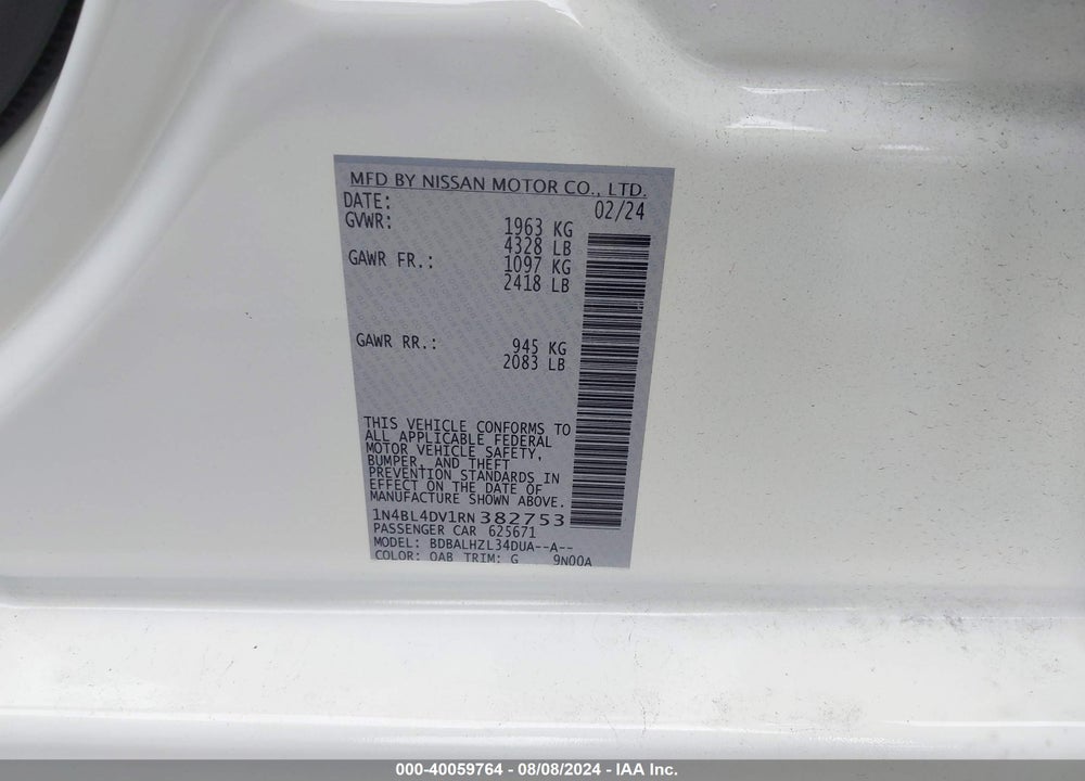 2024 NISSAN ALTIMA SV FWD VIN: 1N4BL4DV1RN382753